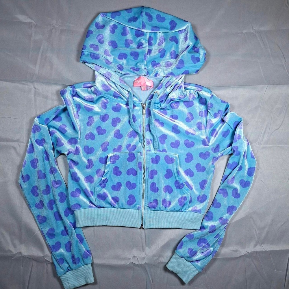 Sugar Thrillz Heart Blue and Purple Velour Crop Hoodie